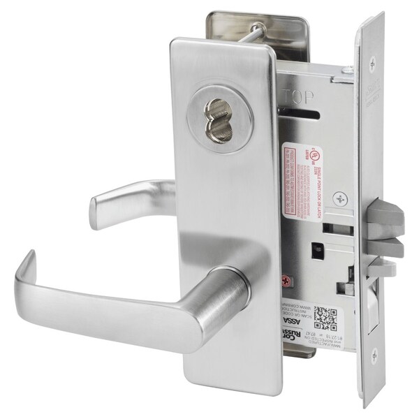 Entrance or Office Mortise Lock, NS Lever, M Escutcheon, 6-Pin LFIC Less Core, Satin Chrome